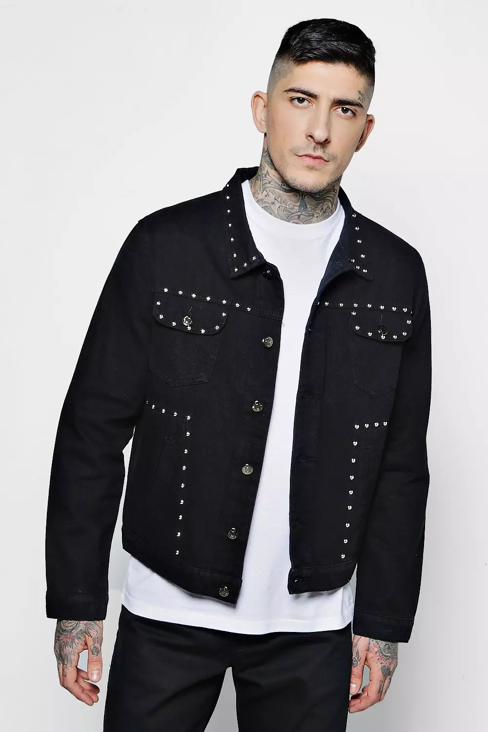 Black studded hot sale denim jacket